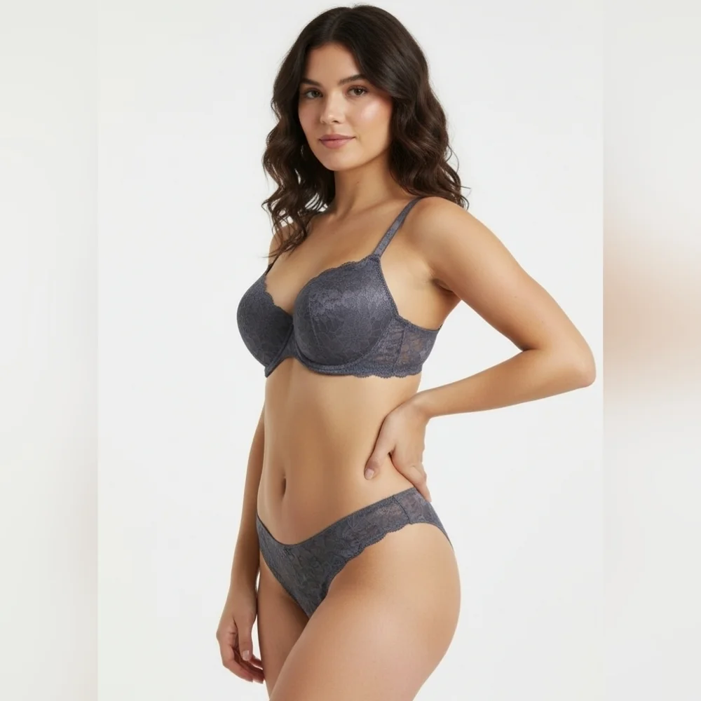 Primark Lace Underwire Bra and Panty Set  Charcoal EUC Medium 36E